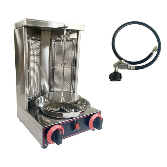 LP Gas Kebab Gyro Griller Shawarma Making Machine Grill Meat Rotating Oven Vertical Rotisserie Broiler with 2 Burners and Pressure Reducing Valve 110V