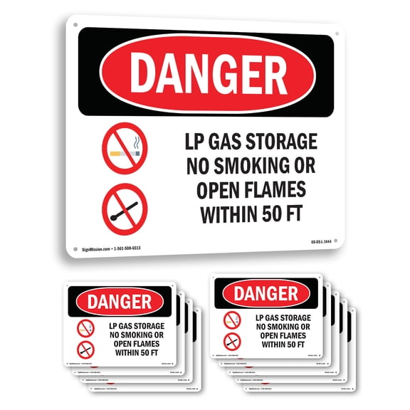 LP Gas Storage No Smoking Open Flames 50 Ft OSHA Danger Aluminum Sign 18 Inch x 12 Inch - 10 Pack