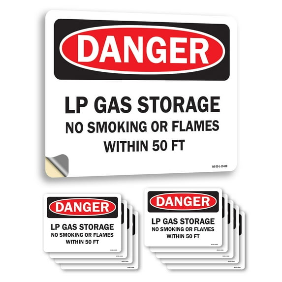 LP Gas Storage No Smoking or Flames with OSHA Danger Vinyl Decal Label 7 Inch x 5 Inch - 10 Pack