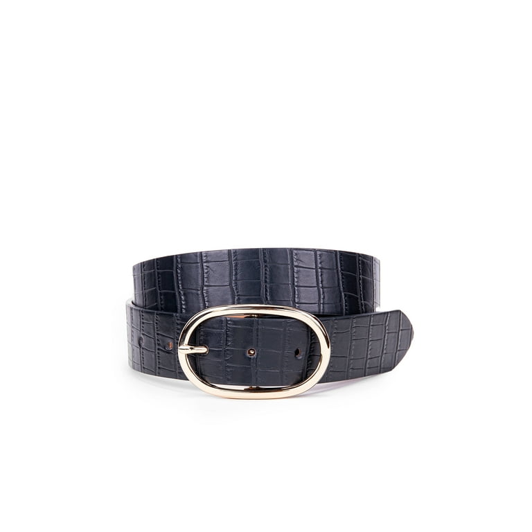 LP LP by Linea Pelle Women s Croco Texture Oval Center Bar Buckle Belt Black