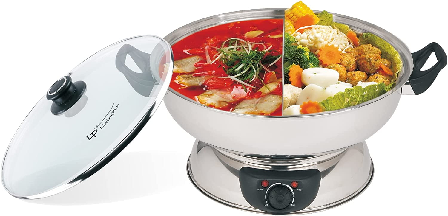 Stainless Steel Dual Sided Electric Shabu Shabu Hot Pot with Glass Lid