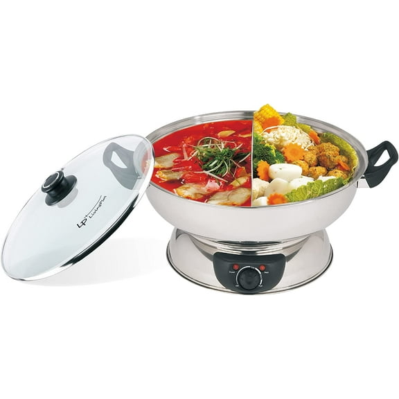 LP Living Plus Electric Dual Sided Stainless Steel Shabu Shabu Hot Pot with Burner and Glass Lid 5.0L