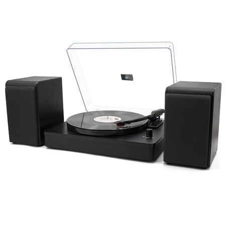 LP&No.1 Bluetooth Turntable HiFi System with Bookshelf Speakers, Retro Belt-Drive Record Player with Adjustable Counterweight, 3 Speed, Solid Black Wood