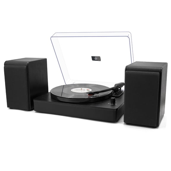 LP&No.1 Bluetooth Turntable HiFi System with Bookshelf Speakers, Retro Belt-Drive Record Player with Adjustable Counterweight, 3 Speed, Solid Black Wood