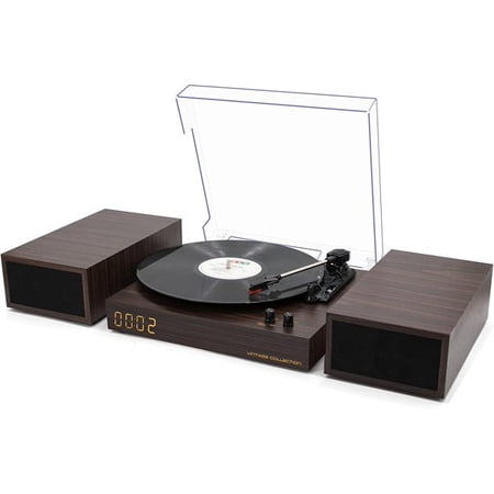 LP&No.1 Bluetooth Turntable HiFi System with Bookshelf Speakers, Retro Belt-Drive Record Player with Adjustable Counterweight, 3 Speed, Solid Black Wood