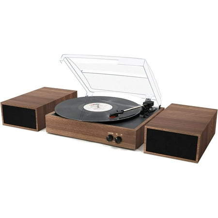 LP&No.1 Bluetooth Turntable with Stereo Bookshelf Speakers, 3 Speed Vintage Belt-Drive Turntable with Wireless Playback & Auto-Stop & Bluetooth Input,Walnut Wood