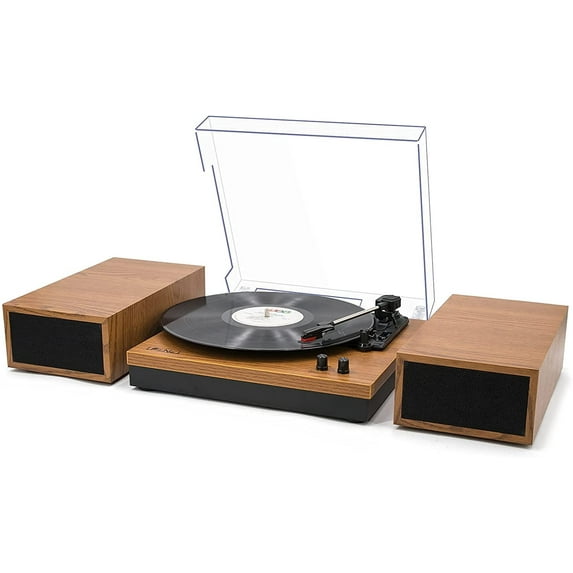 LP&No.1 Bluetooth Vinyl Record Player with External Speakers, 3-Speed Belt-Drive Turntable for Vinyl Albums with Auto Off and Bluetooth Input,Yellow Wood
