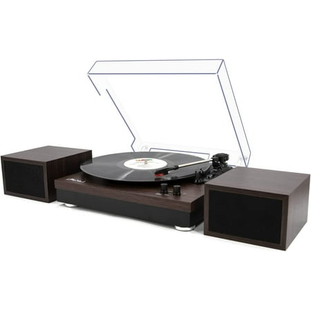 LP&No.1 Record Player, Bluetooth Vinyl Turntable with Stereo Bookshelf Speakers, 3-Speed Belt-Drive Turntable for Vinyl Albums with Auto Off and Wireless (Dark Brown)