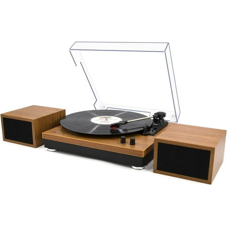 LP&No.1 Record Player, Bluetooth Vinyl Turntable with Stereo Bookshelf Speakers, 3-Speed Belt-Drive Turntable for Vinyl Albums with Auto Off and Wireless (Yellow Wood)