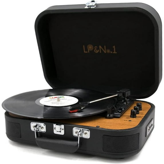 LP&No.1 Wireless Record Player, 3-Speed Portable Vintage Suitcase Vinyl Turntable, Vinyl to MP3 Recording, with AUX USB RCA Headphone Jack, Black