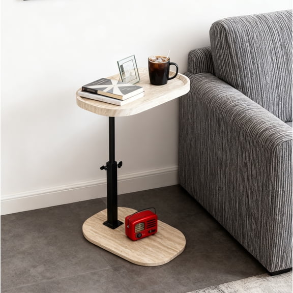 LPAMEOIU Adjustable-Height End Table with 360°Swivel Tabletop,C Shaped Side Table for Home/Office(White Grain)