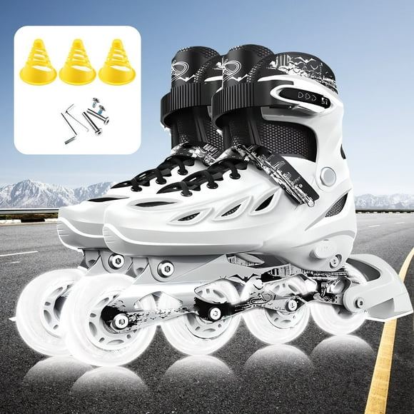 LPAMEOIU Adjustable-Size Inline Skate with Light-Up-Wheel,Adult Roller Skates for Women Men(White,XL)