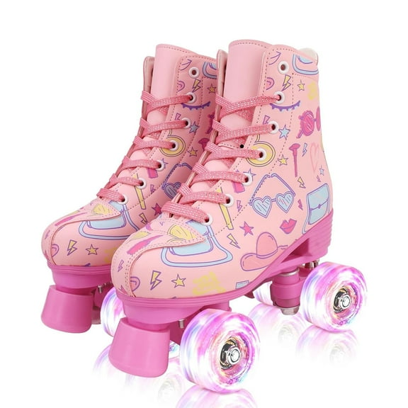 LPAMEOIU Kids Roller Skates with Light up Wheels,Quad Skates for Girls Teen,Pink(Youth 3/Women 4)