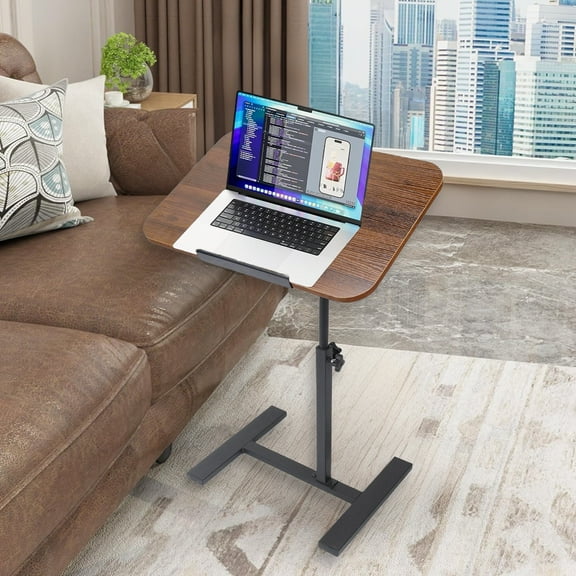 LPAMEOIU 24in 90°Tiltable & 360°Swivel Desktop Side table,Height Adjustable Mobile Laptop Stand with Hidden Wheels(Walnut)