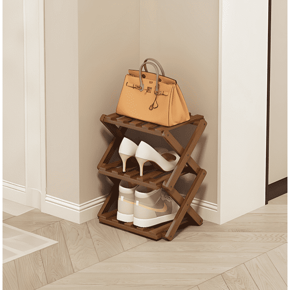 LPAMEOIU 3-Tier Foldable Shoe Rack,Bamboo Shoe Organizer Storage Shelf for Entryway,Hallway(Brown)
