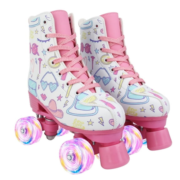 LPAMEOIU Kids Roller Skates with Light up Wheels,Quad Skates for Girls Teen,White(Youth 3/Women's 4)