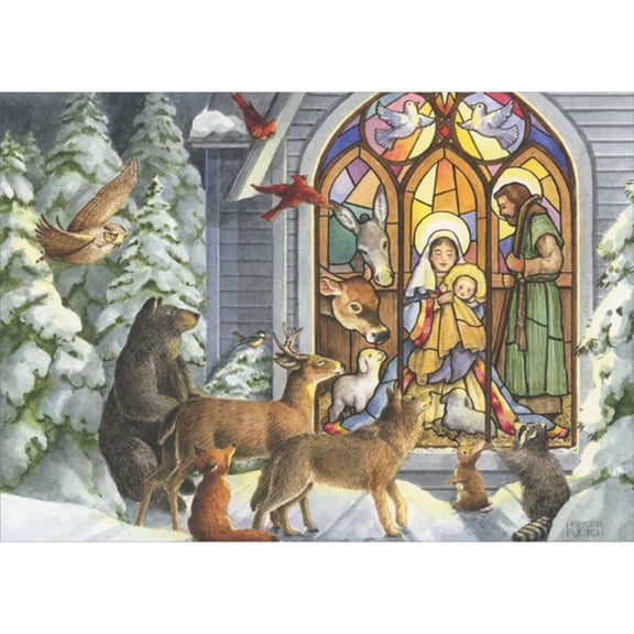 LPG Greetings Bear, Deer, Wolf, Fox, Raccoon, Rabbit and Birds Gazing at Stained Glass Nativity Scene Window Box of 16 Religious Christmas Cards