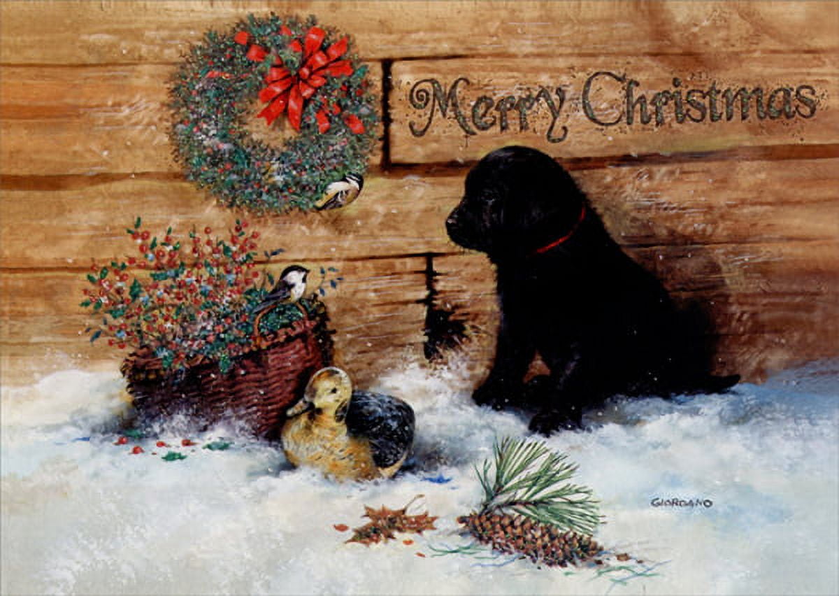 LPG Greetings Black Lab Puppy in Snow : Giordano Deluxe Glitter Christmas Card