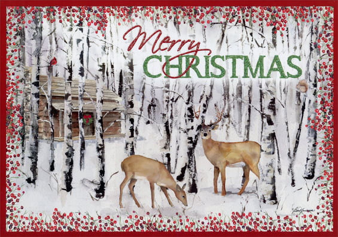 LPG Greetings Deer and Birches: Barb Tourtillotte Deluxe Glitter Wildlife Christmas Card (1 card/1 envelope)