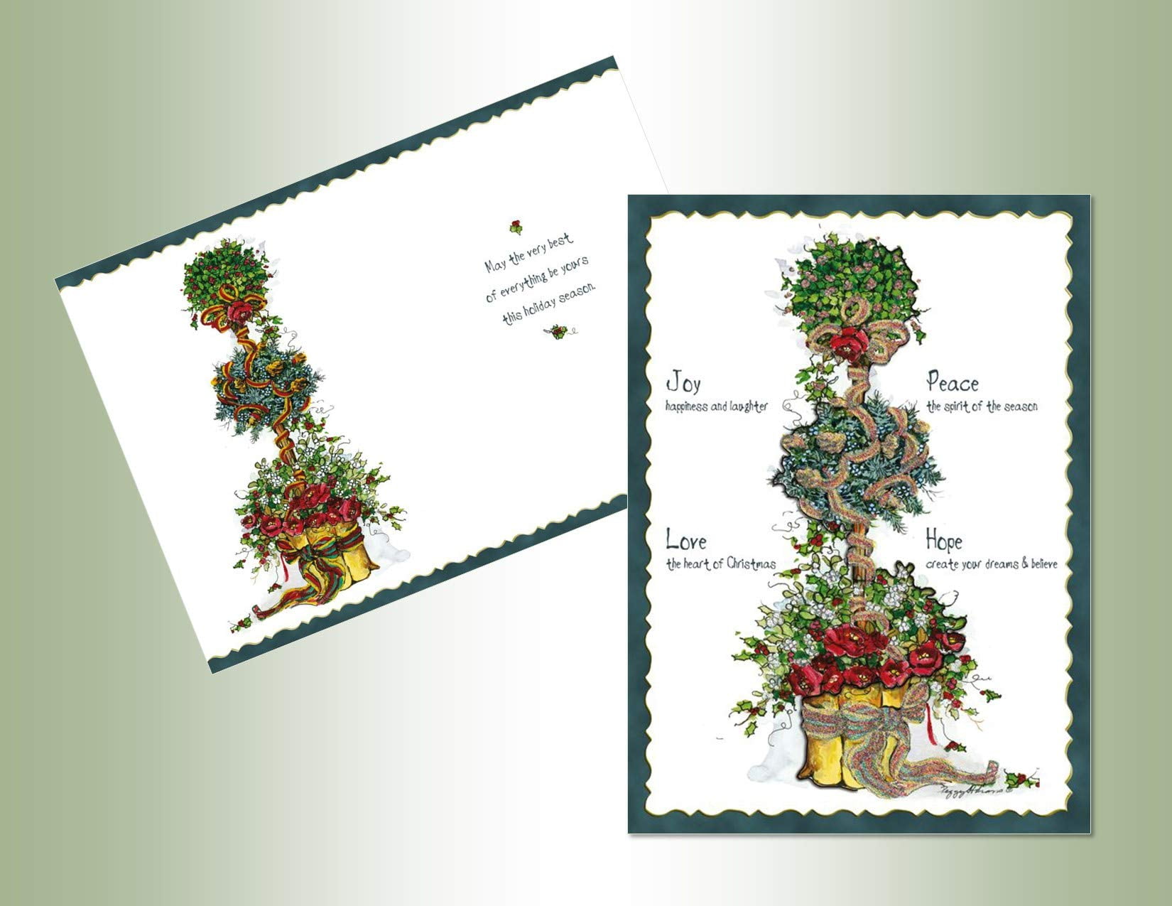 LPG Greetings Flowers and Holly Topiary Tree : Peggy Abrams Box of 12 Pop Out 3-D Christmas Cards
