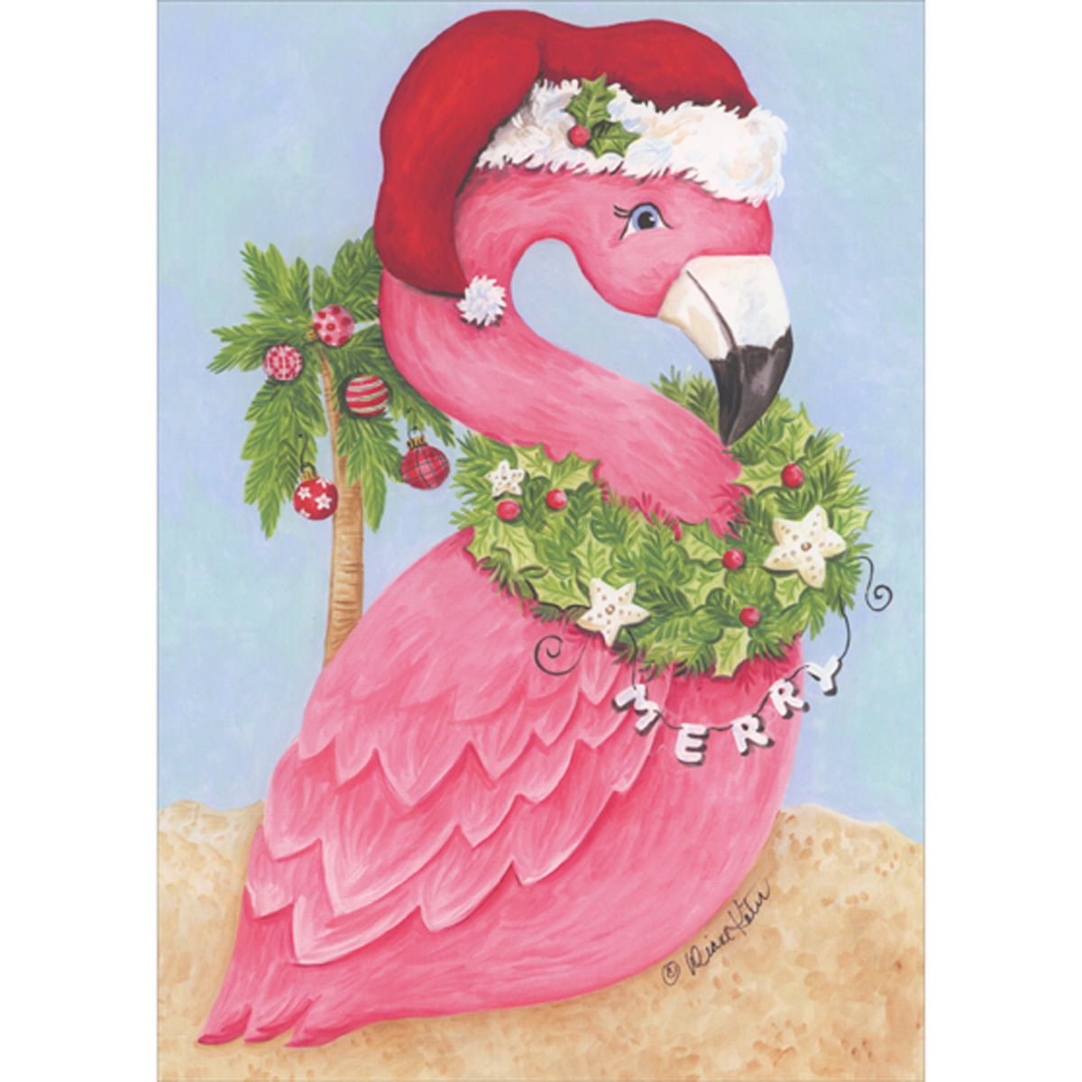 LPG Greetings Pink Flamingo Wearing Santa Hat and Green Wreath with Starfish Ornaments Box of 16 Warm Weather Christmas Cards