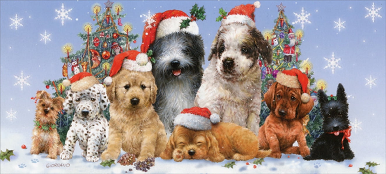 LPG Greetings Puppies in Santa Hats Box of 14 Long Glitter Dog
