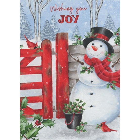 LPG Greetings Red Fence, Snowman and Cardinals Collecting Holly: Wishing You Joy Box of 18 Christmas Cards