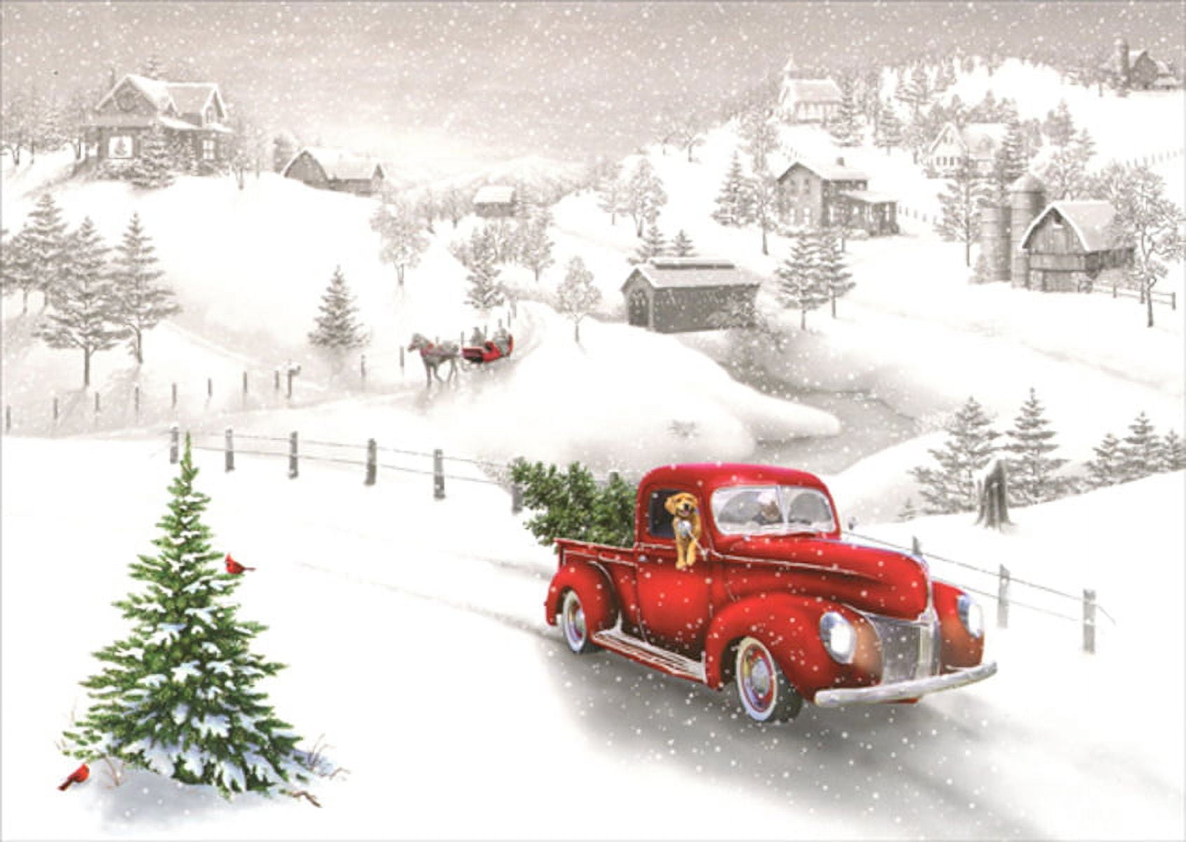 LPG Greetings Red Pickup Truck and Snow Covered Road and Hillside Box
