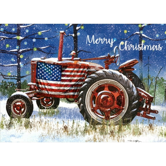 LPG Greetings Red Tractor Draped in American Flag Patriotic Christmas Card (1 card/1 envelope)