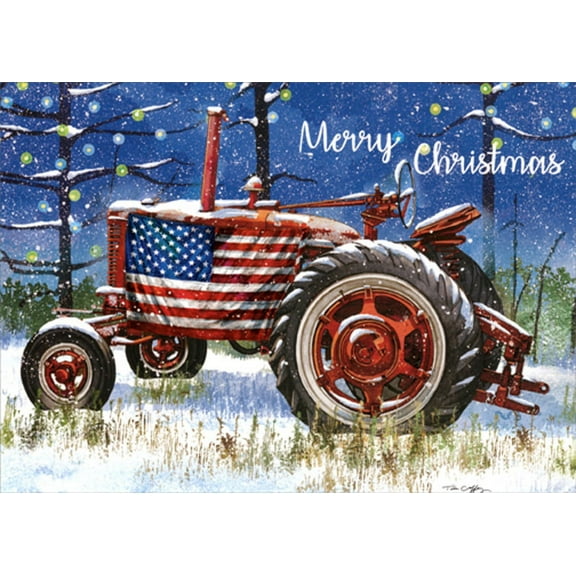 LPG Greetings Red Tractor Draped in American Flag Patriotic Christmas Card (1 card/1 envelope)