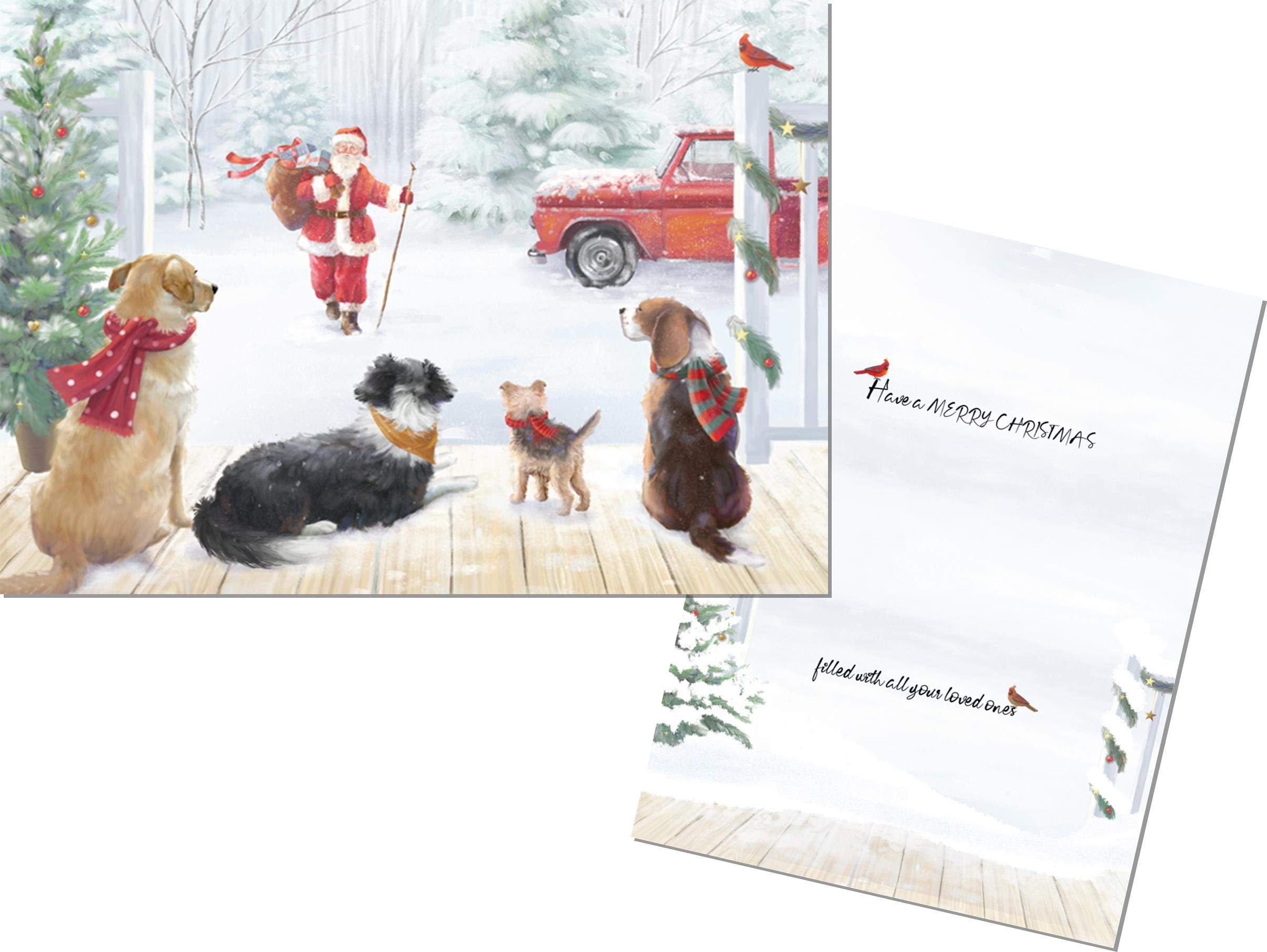 LPG Greetings Red Truck : Santa Approaching Dogs on Porch Box of 18 Christmas Cards
