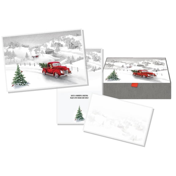 LPG Greetings Red Truck and Dog : Glitter Accented Town on Hill : 14 Christmas Cards in Keepsake Box