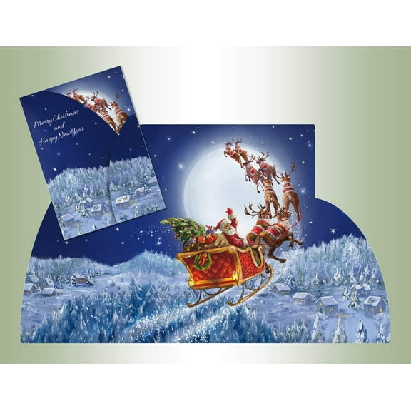 LPG Greetings Santa Flying Sleigh Across Full Moon Tri-Fold Panorama Box of 12 Christmas Cards