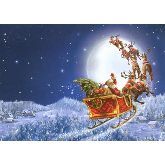 LPG Greetings Santa, Sleigh and Reindeer Flying in Moonlit Sky Christmas Card (1 card/1 envelope)