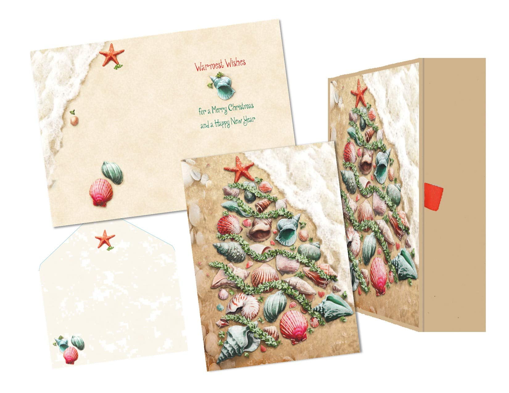 LPG Greetings Sparkling Glitter Shells in Tree Shape on Beach : 14 Warm Weather Christmas Cards in Keepsake Box