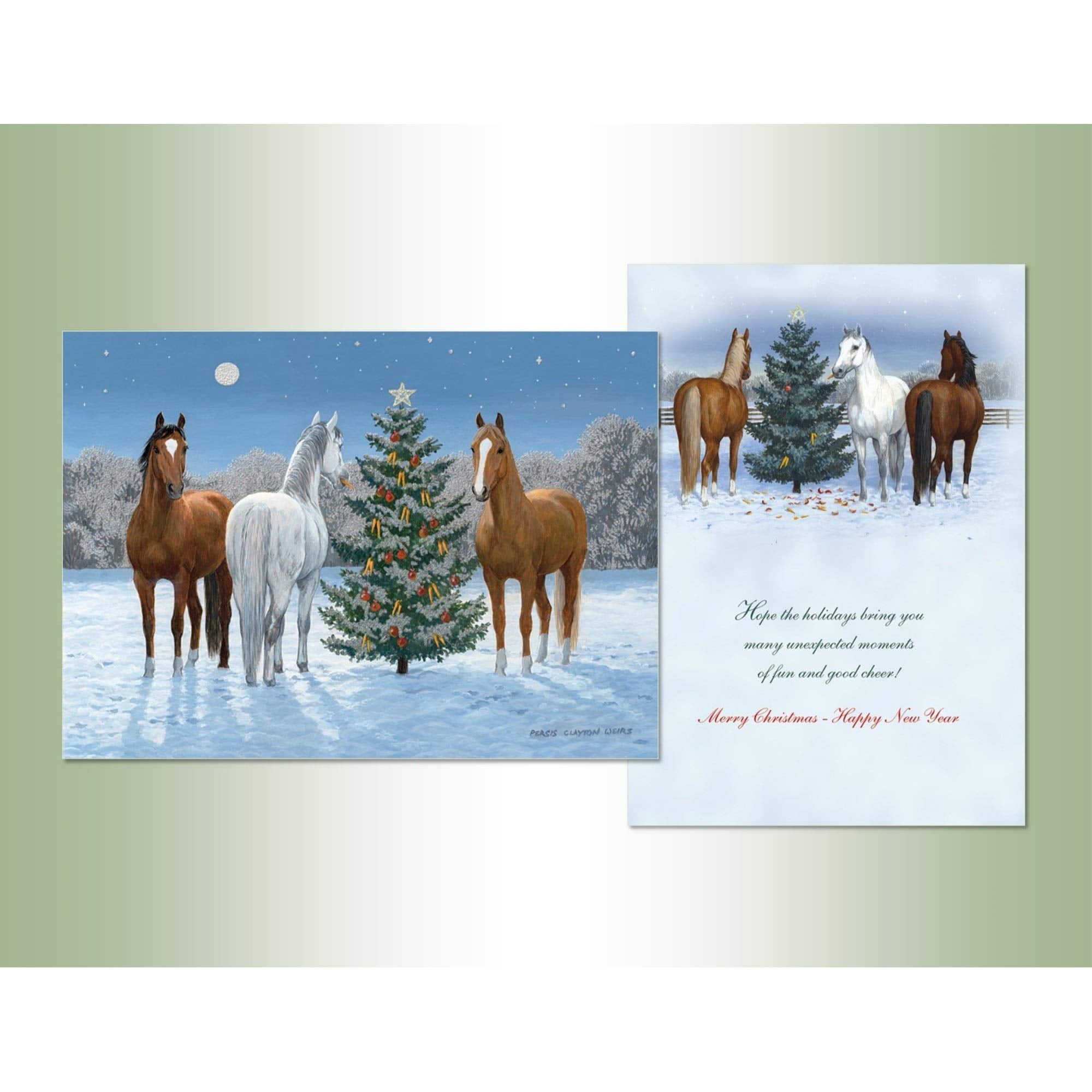 LPG Greetings Three Horses and Tree in Winter Box of 14 Glitter Christmas Cards