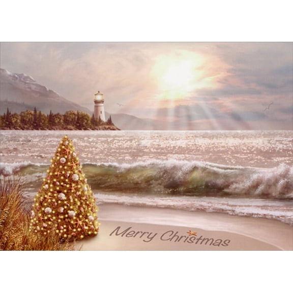 LPG Greetings Tree Decorated with Shells on Beach with Lighthouse Box of 18 Nautical Christmas Cards