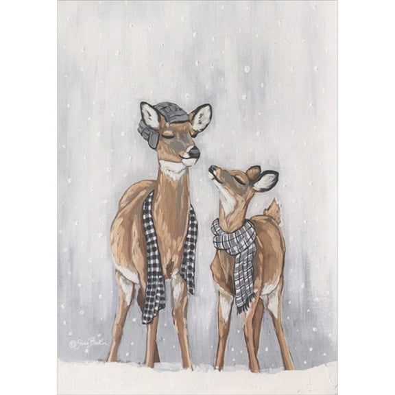 LPG Greetings Two Deer Wearing Gray Hat and Checkered White and Gray Scarves in Falling Snow Box of 16 Christmas Cards