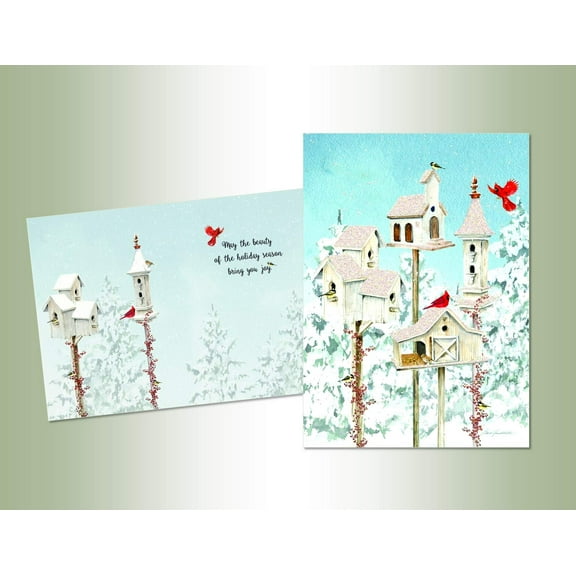 LPG Greetings White Holiday Birdhouses : Barb Tourtillotte Box of 14 Deluxe Glitter Christmas Cards