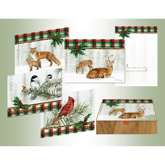 LPG Greetings Woodland Lodge by Danielle Murray : Deer, Fox, Cardinal, Chickadee : 20 Assorted Christmas Cards in Keepsake Box