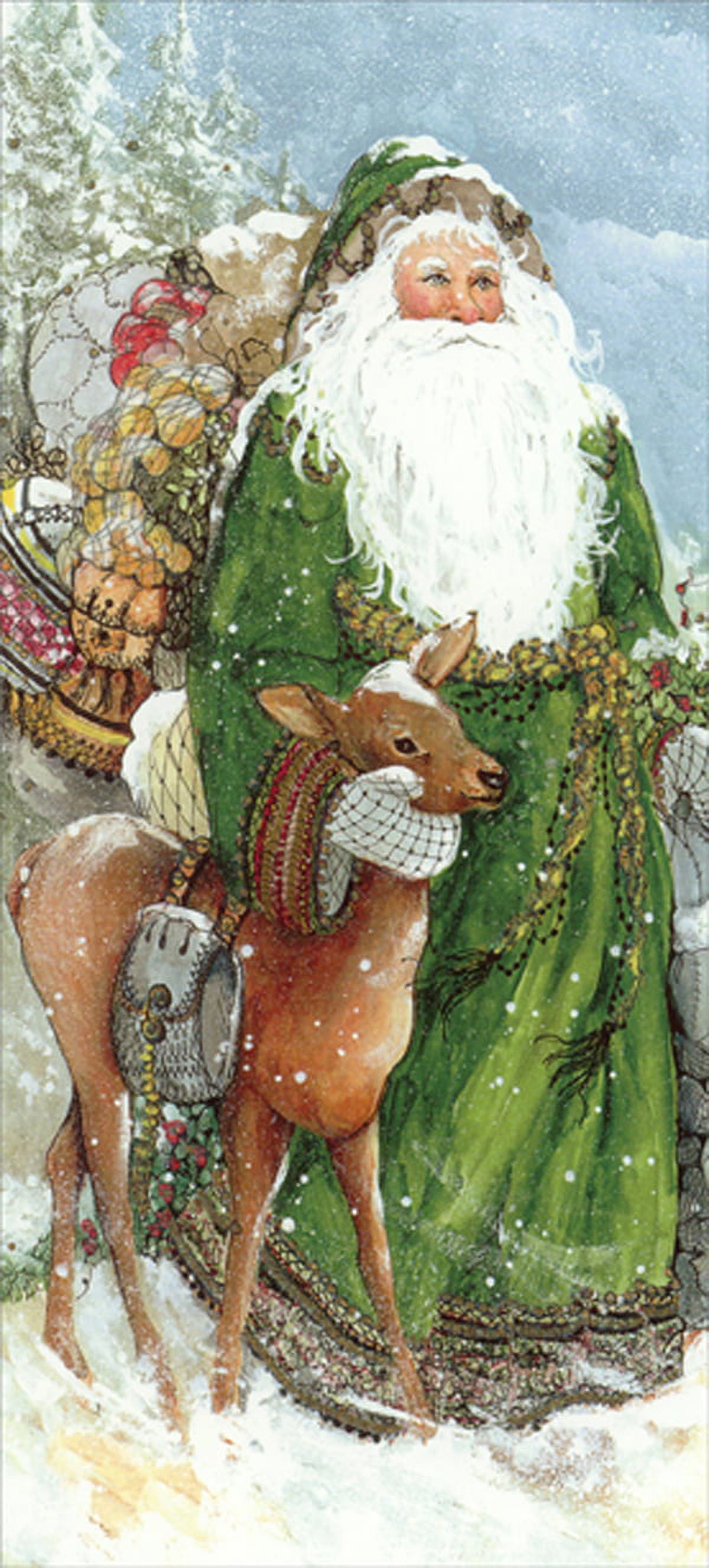 LPG Greetings Woodland Santa in Green Robe with Deer Sparkling Glitter Box of 14 Tall Christmas Cards