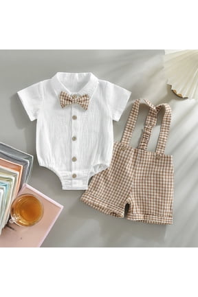 Boys 2 Piece Matching Cotton Clothing Set Bow Tie Romper And Stripe Overalls Casual Comfortable Outfits Sets Khaki 9-12 Months