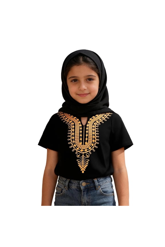 Boys African Dashiki Shirt - Traditional Muslim Loose Short Sleeve Top, Classic Batik Print Casual Outfit for Kids 1-6 Years(Black-100(3T-4T))