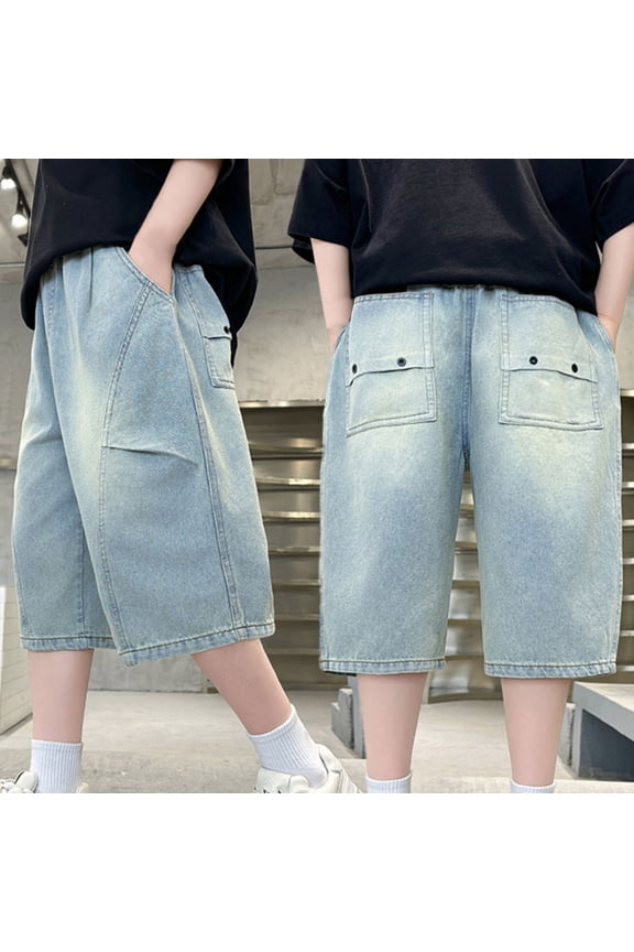 Boys Casual Denim Pants 7/8th Trousers Elastic Waist Comfort Bottoms Relaxed Fit Lightweight Summer Kids Jean Slacks Pants For Kids,9-10 Years