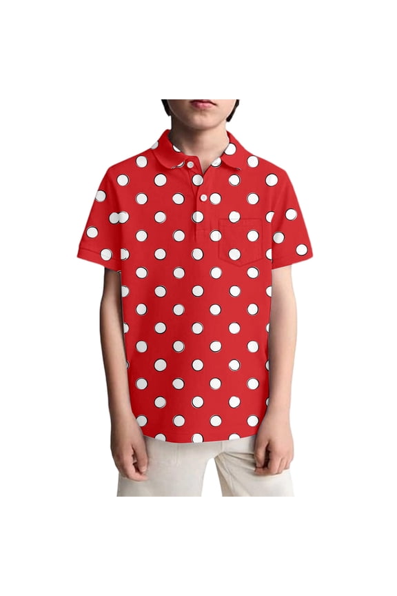 Boys Short Sleeve Polo Shirts Comfortable Polka Dot Print Lapel Tops Shirts Children Summer Loose Fit Lightweight Clothes Watermelon Red 9-10 Years
