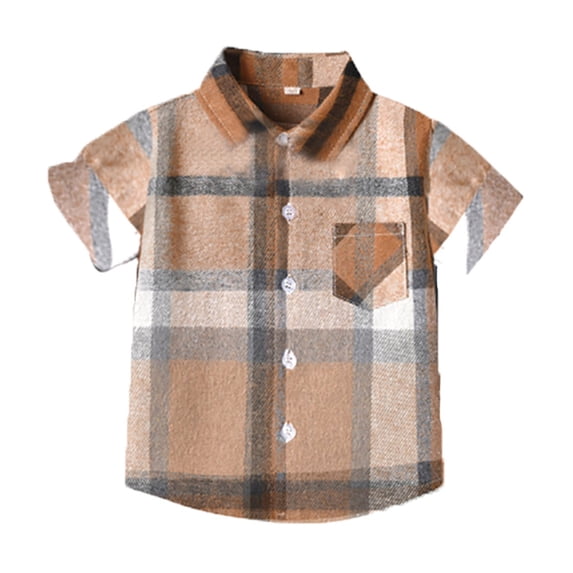 LPKRT Boys Short Sleeve Shirt Classic Fit Plaid Pattern Print Button Down Shirt Modest Comfortable Summer Collared Tees Bronze 6-7 Years