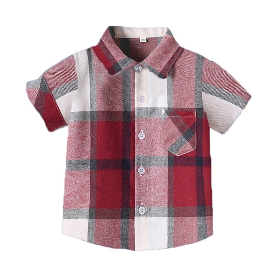 LPKRT Boys Short Sleeve Shirt Classic Fit Plaid Pattern Print Button Down Shirt Modest Comfortable Summer Collared Tees Red 5-6 Years