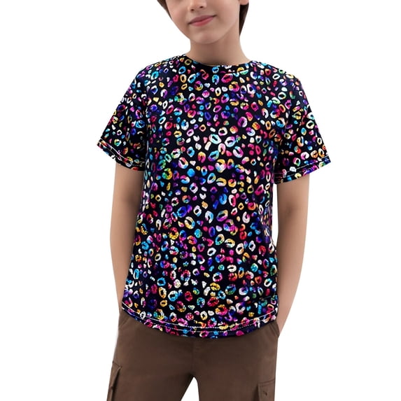 LPKRT Boys Short Sleeve T-Shirts Crewneck Leopard Print Holiday Basic Tees Regular Fashionable Summer Shirt Top Black 6-8 Years