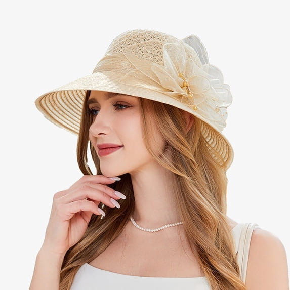 LPKRT Flower Church Hats For Womens Lightweight Wide Brim Tea Party Hat Elegant Vintage Dress Hats Beige