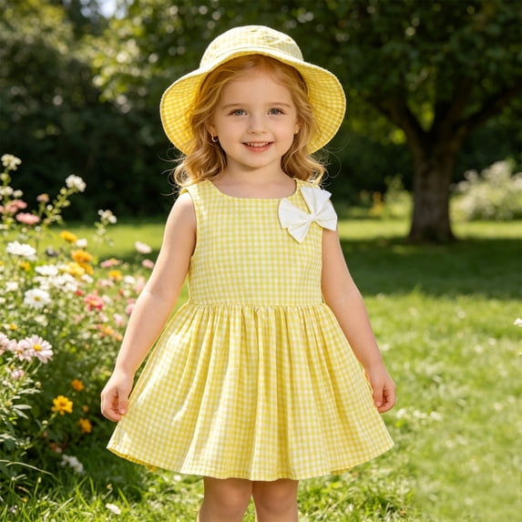 LPKRT Girls 2 Piece Dress Set Loose Plaid Sundress With Matching Hat Beach Summer Vacation Clothing Sets Yellow 18-24 Months